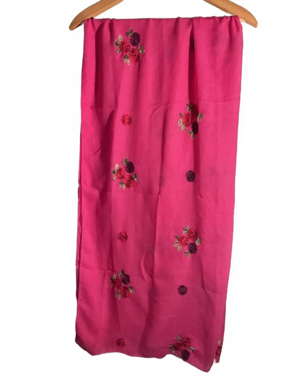 Bright Pink Floral Summer Cover-Up Embroidered Scarf